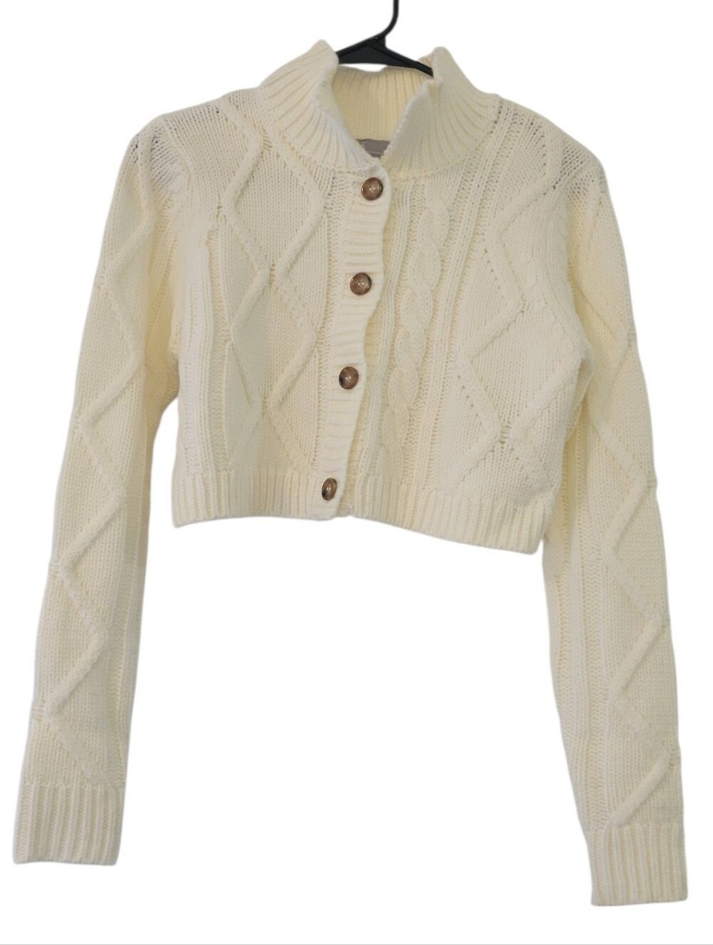 NWT Asos Cream Cropped Cable Knit Long Sleeve Cozy Button Up Cardigan Size 4